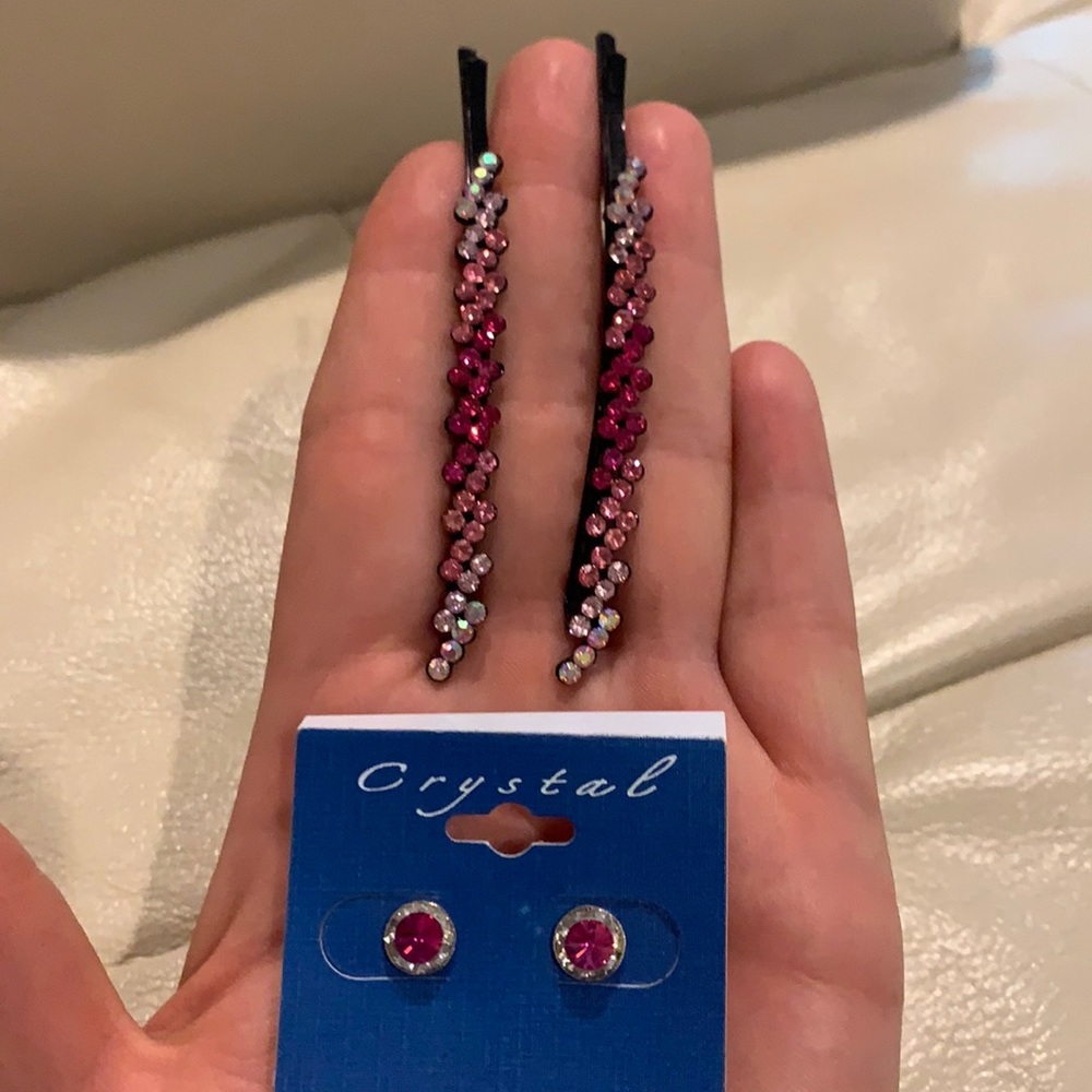 Pink Rhinestone Earrings and Bobby Pins